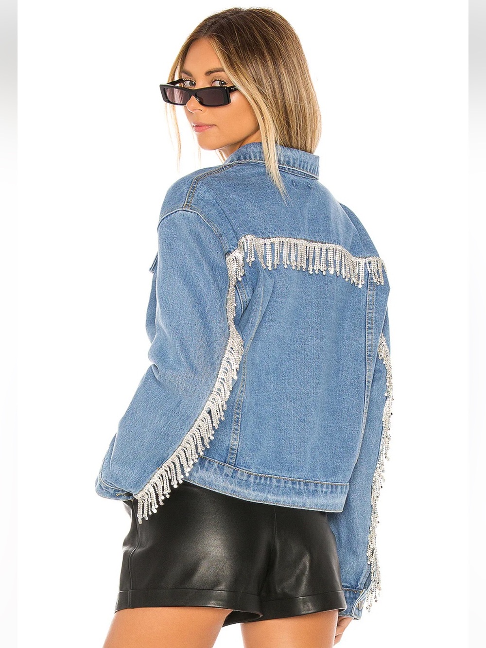 Raya Rhinestone Fringe Jacket in Light Blue Wash